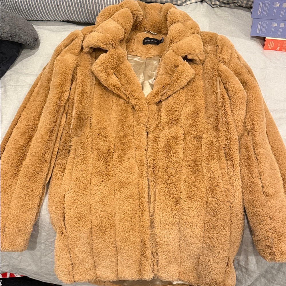 MINKPINK Cozy Tan Faux Fur Jacket